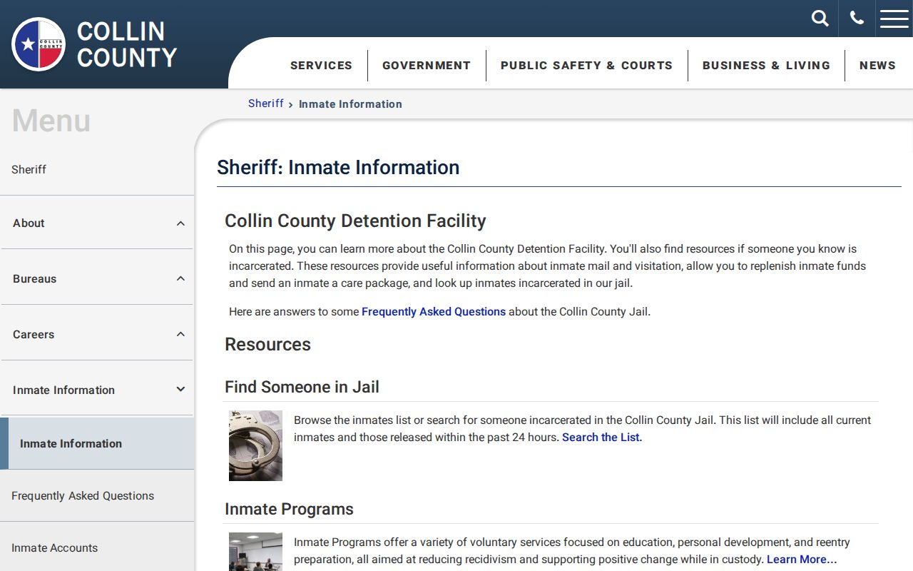 Collin County official inmate roster and recent release record source