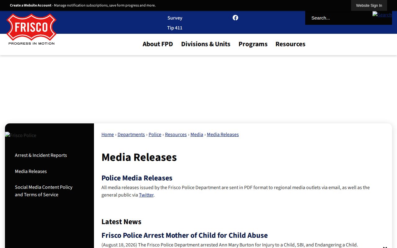 Collin County Frisco official police media releases for arrest-record research