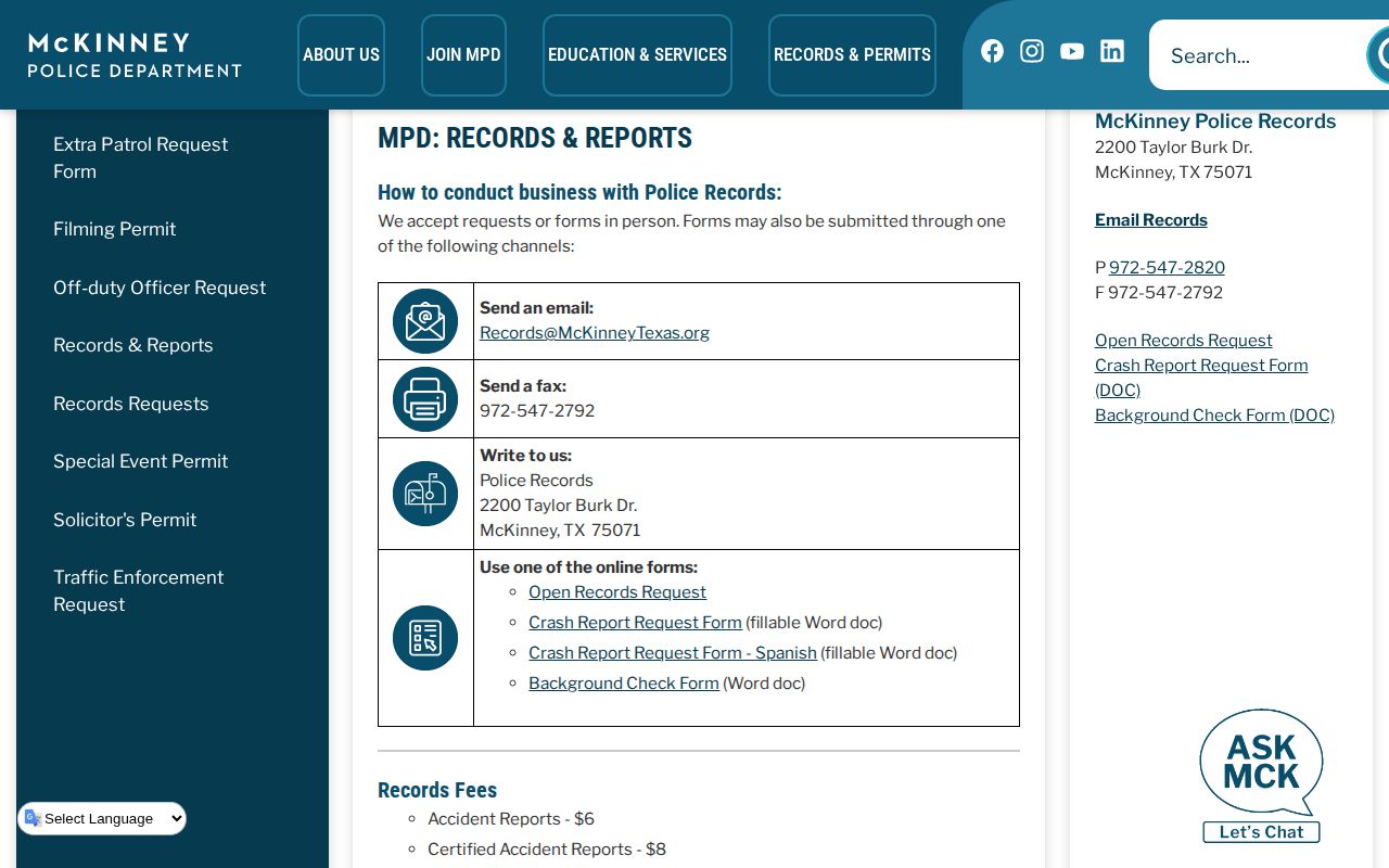 Collin County McKinney Police records request page for booking-record research